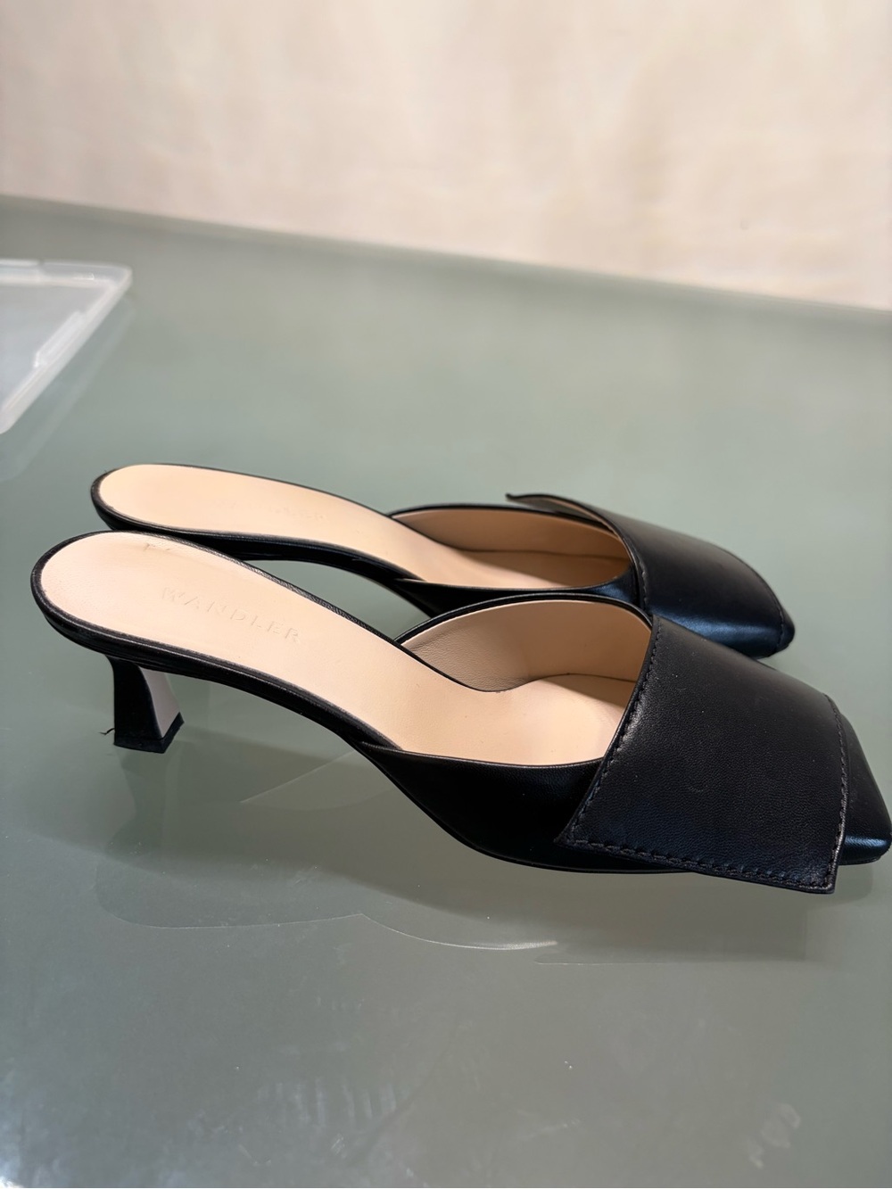 Wandler Black Leather Square-Front Mule Heels View 3